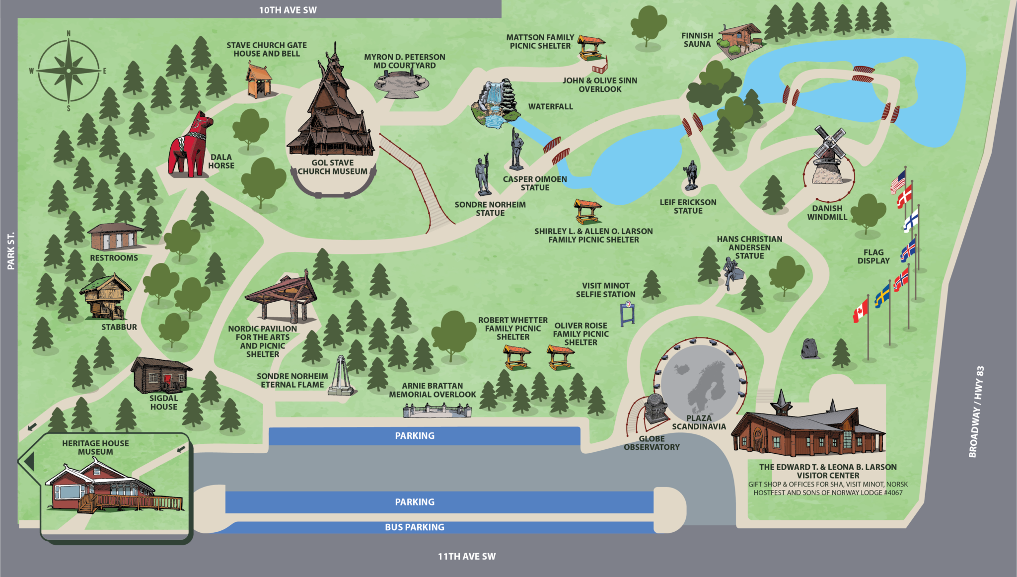 Map of the Scandinavian Heritage Park showing the parks attractions in photo realistic form with park path and parking areas shown.
